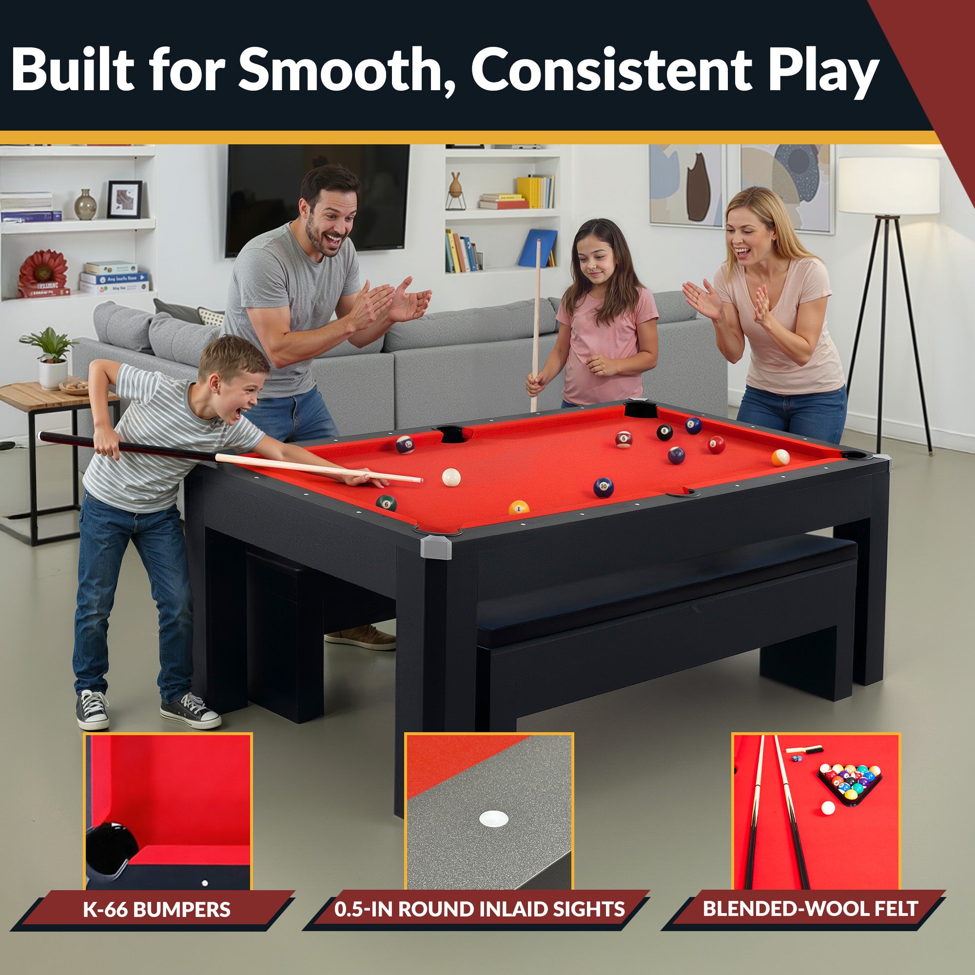 Park Avenue 7-ft Pool Table Combo Set with Benches - Black with Red Felt - image 5