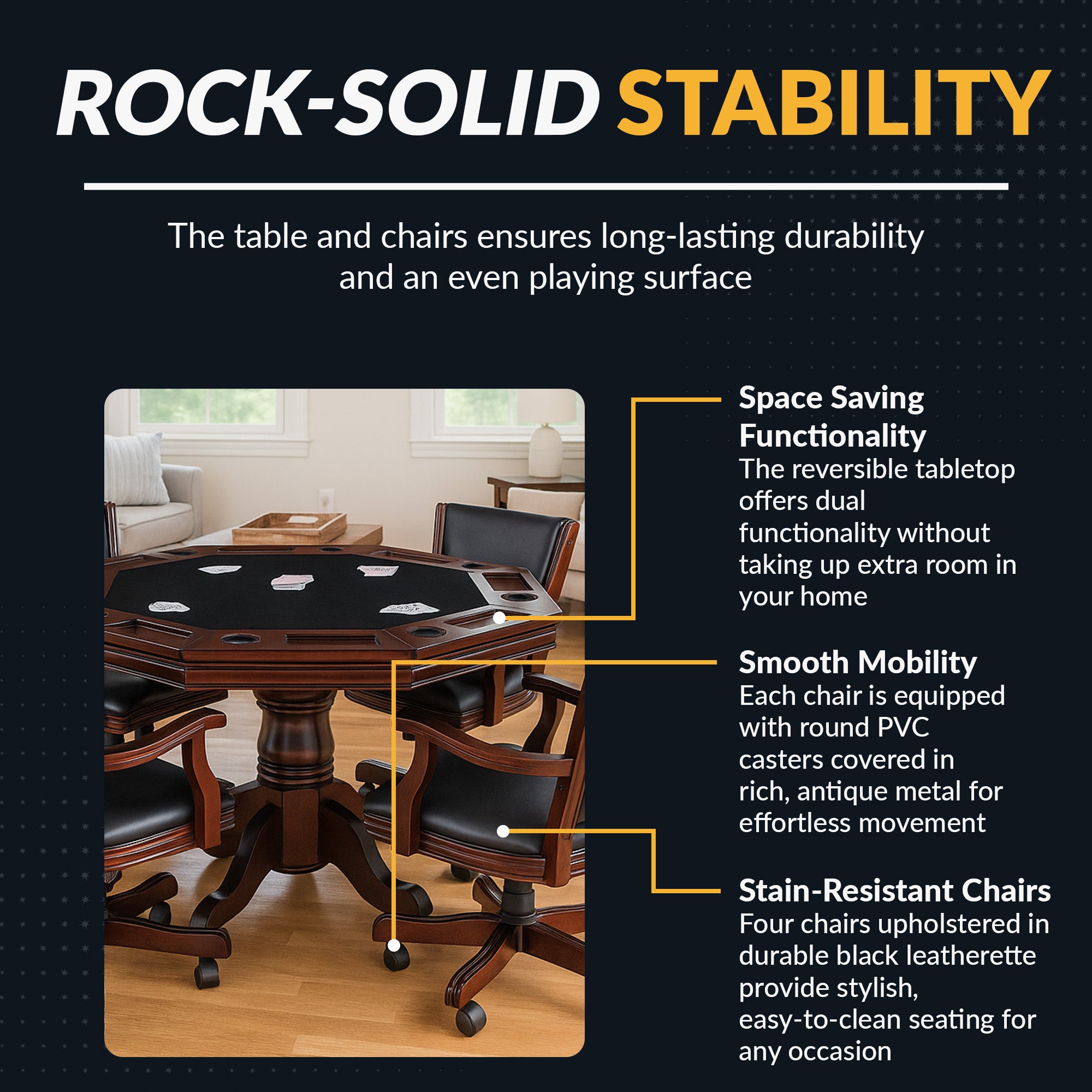 Kingston 48-in Poker Table Combo Set with 4 Arm Chairs - Walnut Finish - image 4