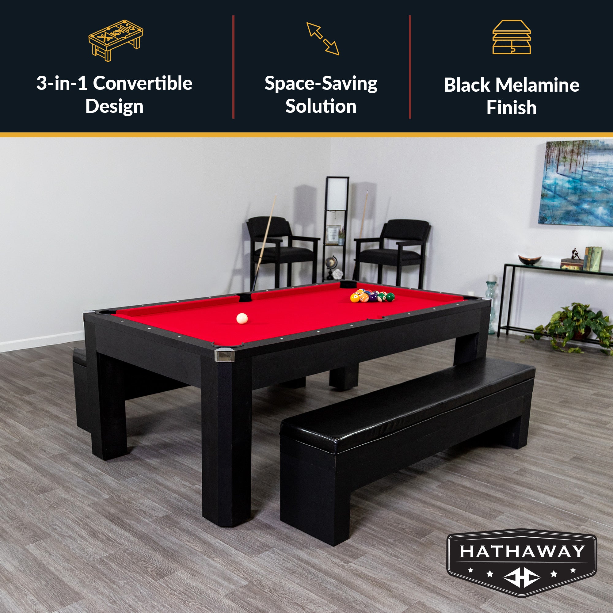 Park Avenue 7-ft Pool Table Combo Set with Benches - Black with Red Felt - image 3