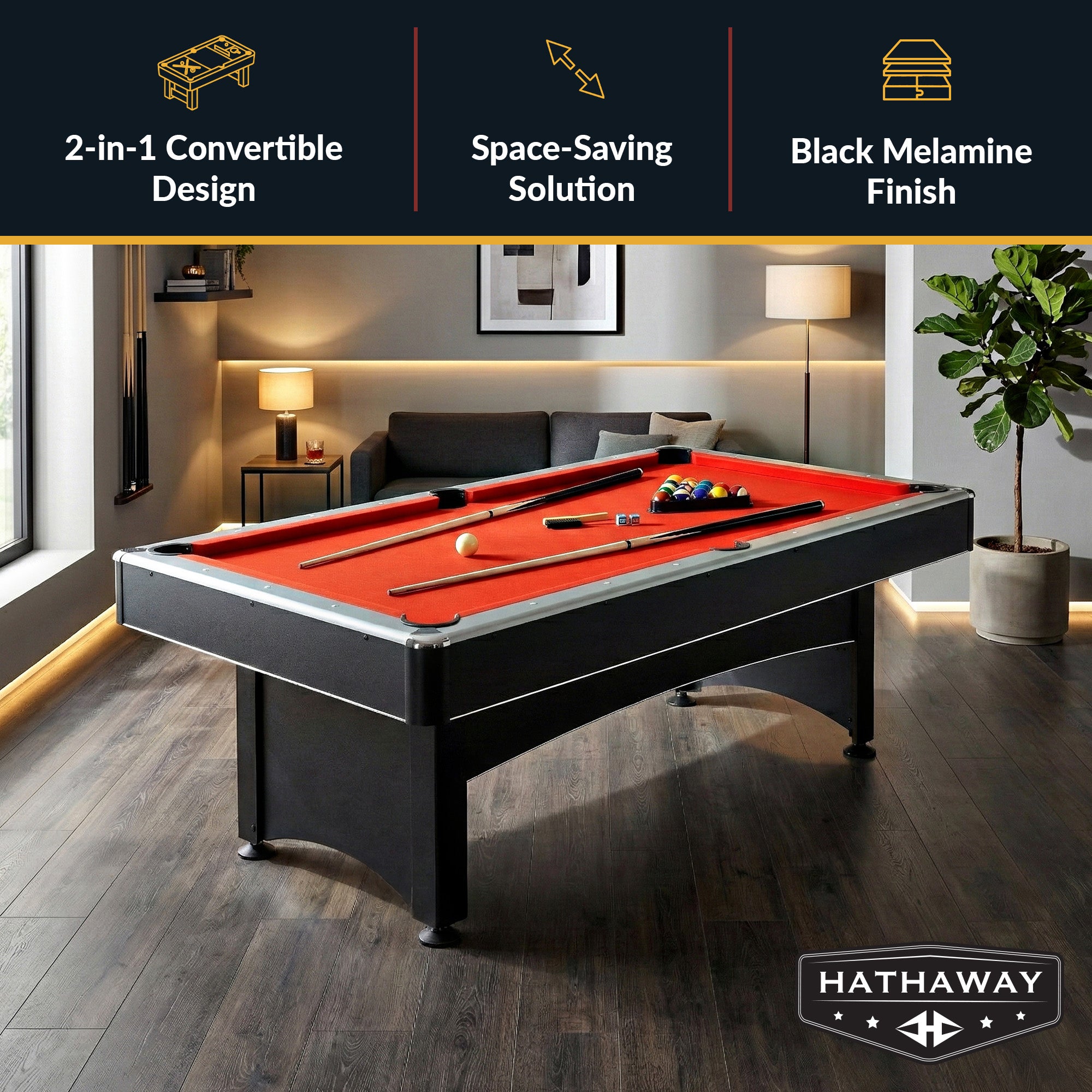 Maverick 7-ft Pool Table with Table Tennis Top - Black with Red Felt - image 3