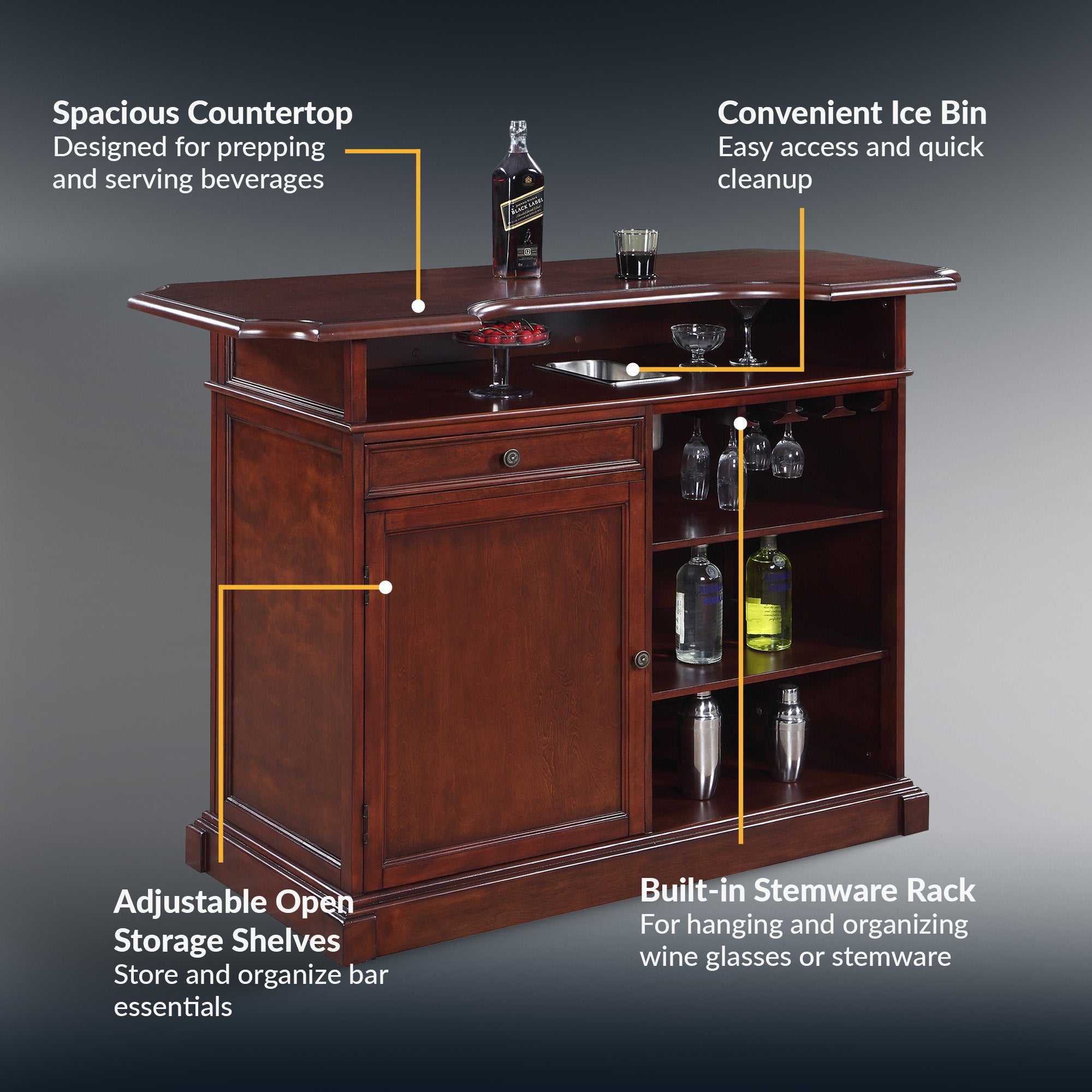 Ridgeline 60-in Hardwood Home Bar with Storage - Mahogany Finish - image 4