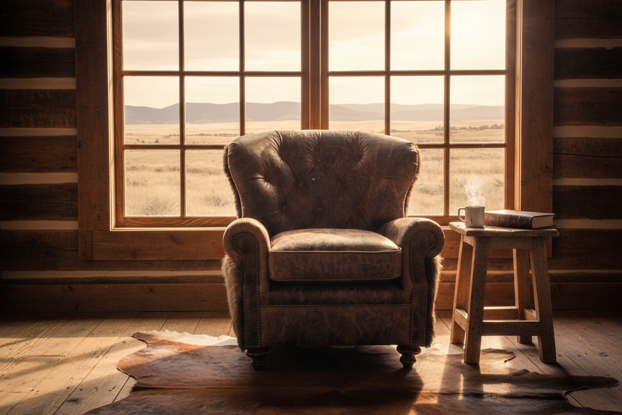 Yellowstone Buffalo Curved Tufted Chair - Window & Side Table