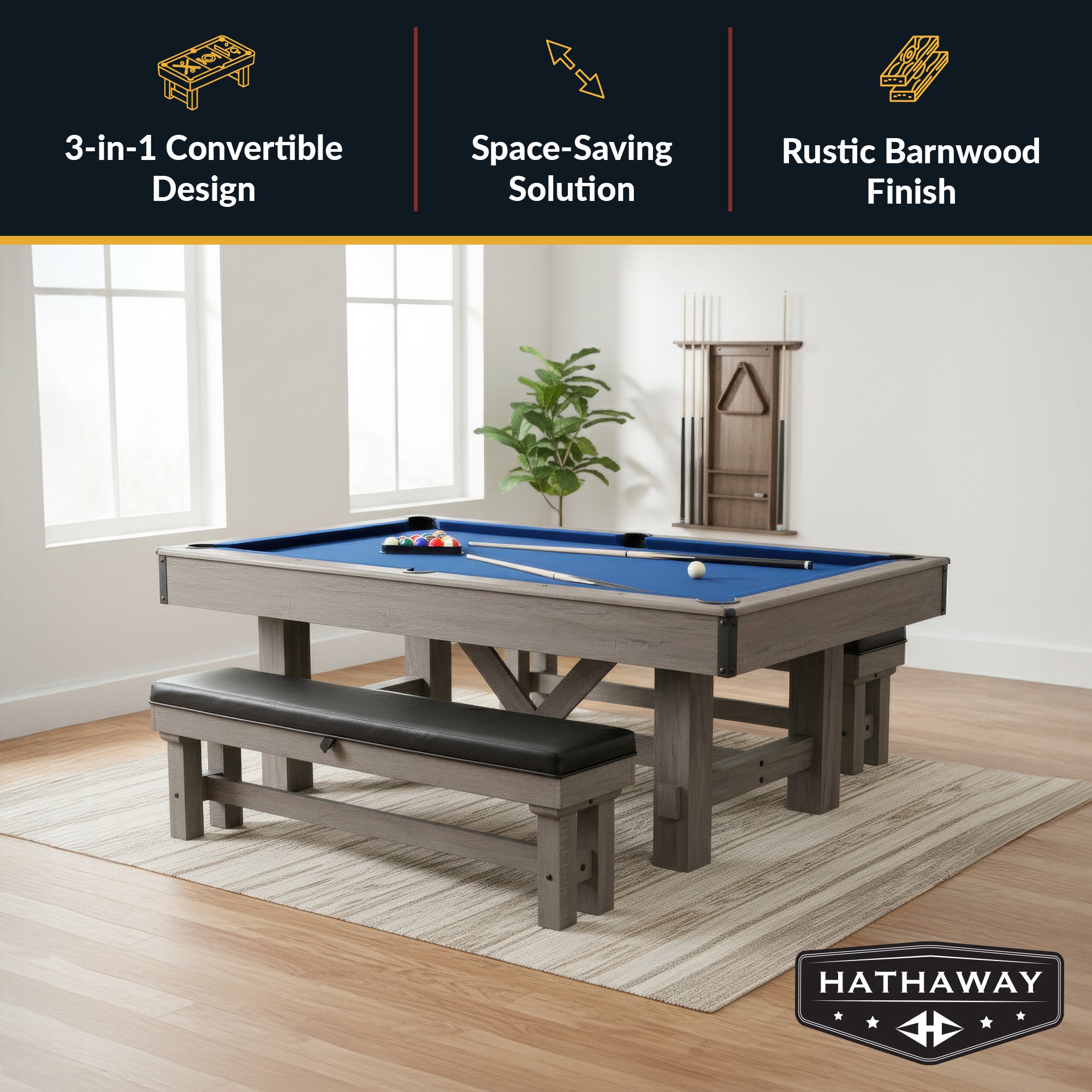 Logan 7-ft Pool Table Combo Set with Benches - Rustic Gray with Blue Felt - image 3