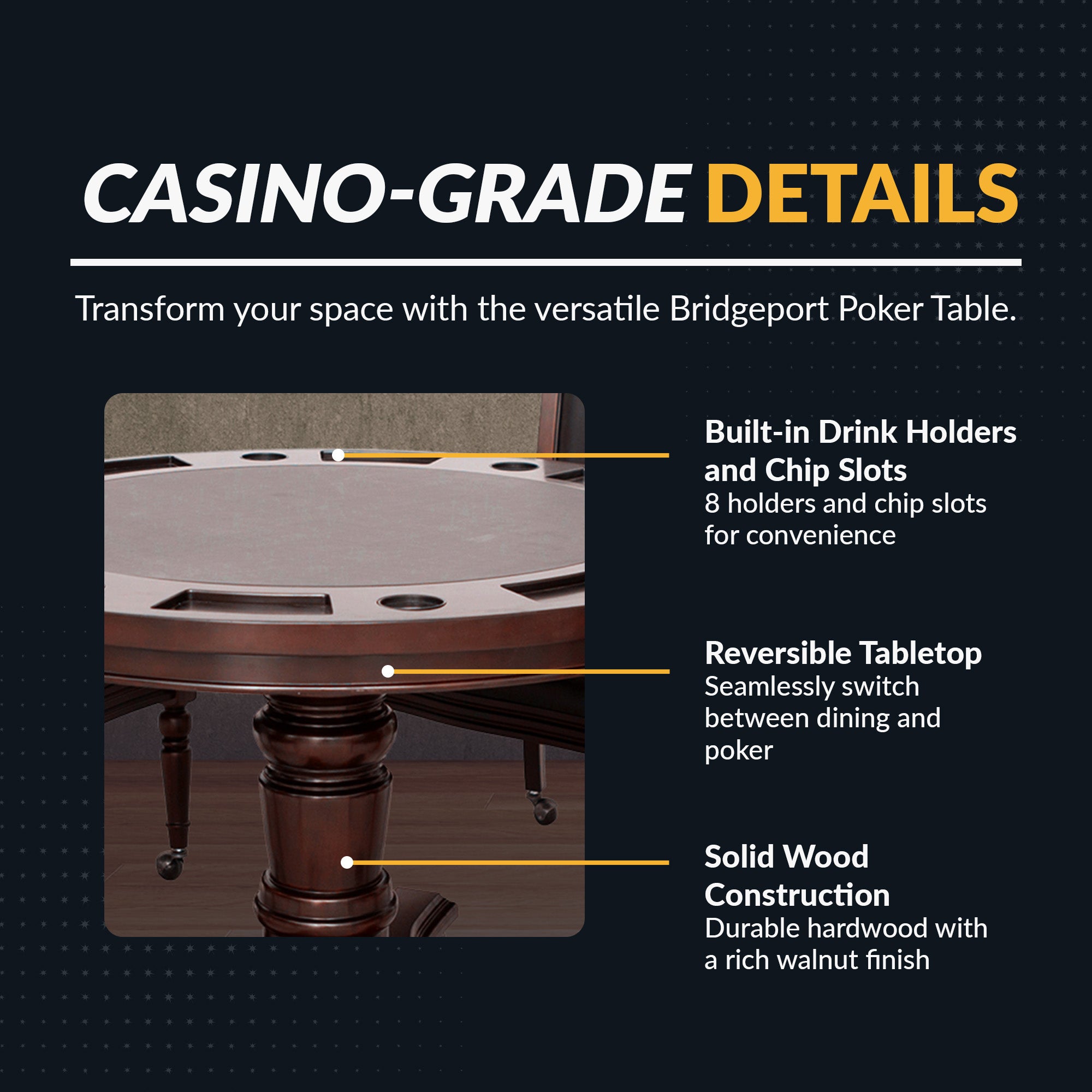 Bridgeport 48-in Poker Table and Dining Top with 4 Arm Chairs - Walnut Finish - image 4